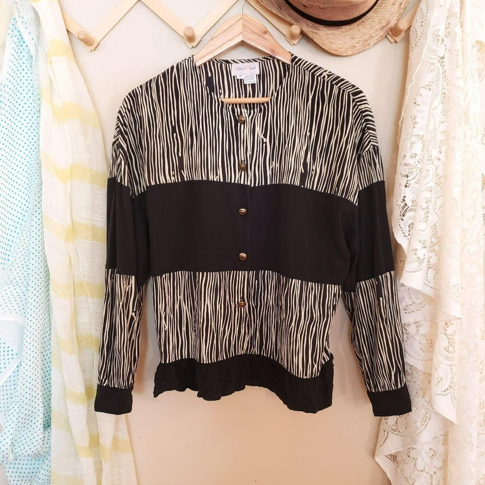 𝅺VTG 80s 100% Silk Zebra Print Blouse size M